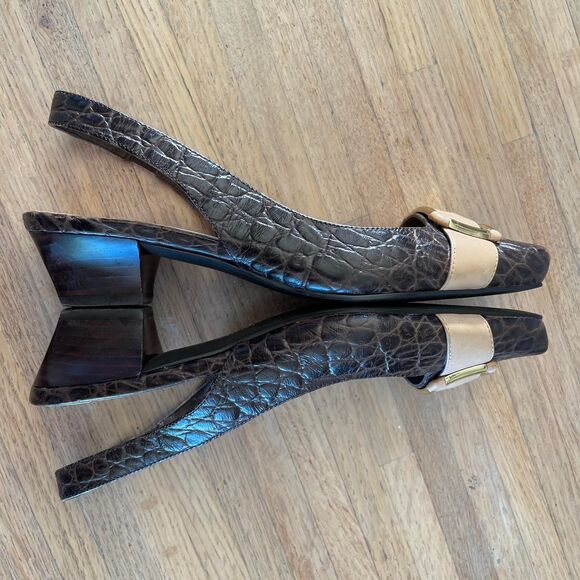 Vintage Y2K Franco Sarto Slingback Heels Brown Buckle Kitten Block Shoes 7.5M - Picture 4 of 8